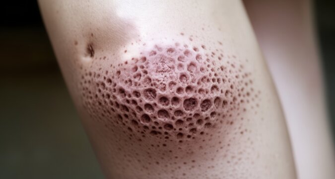  Close-up of a skin condition on a person's leg