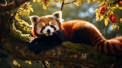 A red panda lounging in a tree.