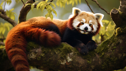 A red panda lounging in a tree.
