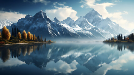 A reflection of mountains in a tranquil lake. - obrazy, fototapety, plakaty