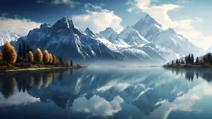 Fotobehang A reflection of mountains in a tranquil lake. © Muhammad