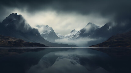 A reflection of mountains in a tranquil lake.
