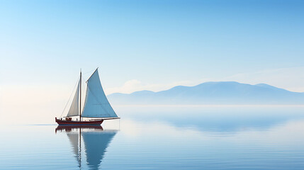 A sailboat on a tranquil blue ocean. - obrazy, fototapety, plakaty