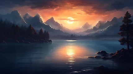 Zelfklevend Fotobehang A serene sunrise over a misty mountain lake. © Muhammad