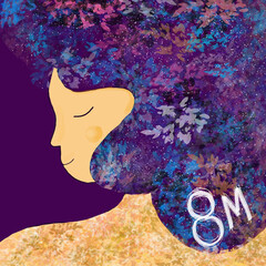 8 de marzo, dia internacional de la mujer, ilustración  mujer, morado, cabello floral brillante, 
texturas de acuarela, manchas, 8M, escrito, en blanco, vacío, con espacio, creativo, web banner, redes
