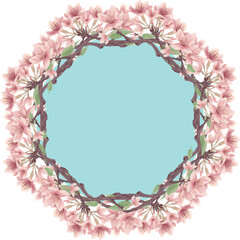Obraz premium 水色の葉桜の八角形ベクターフレーム（水彩風）