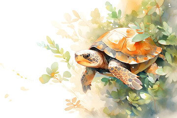 Cute big sea turtle in the coral reef isolated on white background. Ocean animal, underwater life. Threatened or endangered species. Watercolor illustration in cartoon style. World turtle day