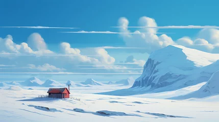 Foto auf Acrylglas A snowy landscape with a solitary cabin. © Muhammad