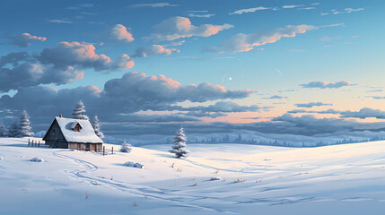 A snowy landscape with a solitary cabin.