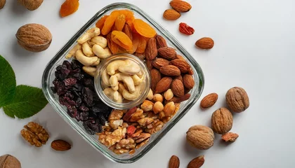 Fotobehang a glass jar container on white background the view from the top with dried fruits and nuts space for text or design products, nuts and dried fruits © Sajjad-Farooq-Baloch
