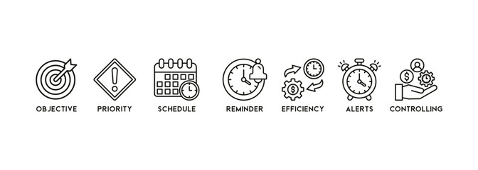 Time management banner web icon vector illustration concept with icon of objective, priority, schedule, reminder, efficiency, alerts, and controlling - obrazy, fototapety, plakaty