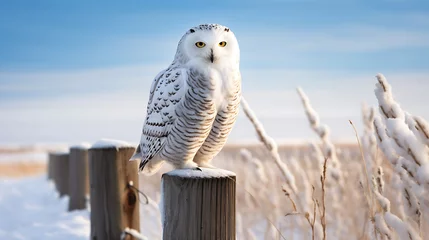 Foto auf Leinwand A snowy owl perched on a fence post. © Muhammad