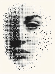 Halftone abstract digital fashion woman portrait. Silhouette of a human head made of dots and particles. Artificial intelligence concept. Minimalistic design for print, card, flyer or interior poster