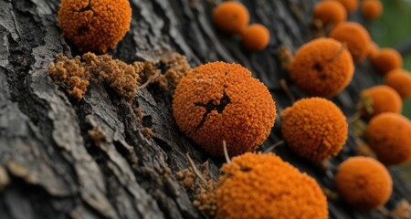  Nature's vibrant tapestry - A close-up of orange mushrooms on a tree trunk