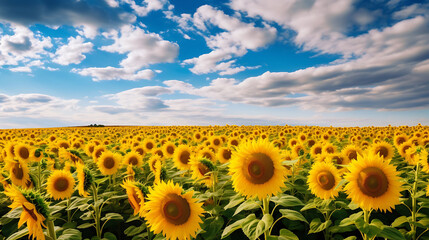 A sunflower field under a partly cloudy sky.