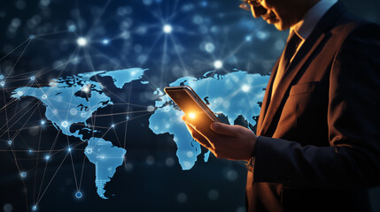 Businessman using mobile smartphone on global network connection on investor and customer with sale data exchange and development of business. Technology and digital marketing. Financial and banking.