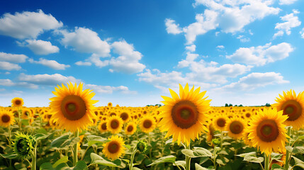 A sunflower field under a partly cloudy sky.