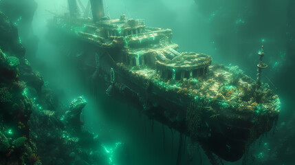 Sunken Ship Sanctuary: Underwater Ecosystem Thriving Amongst Wreckage, wallpaper, background - obrazy, fototapety, plakaty