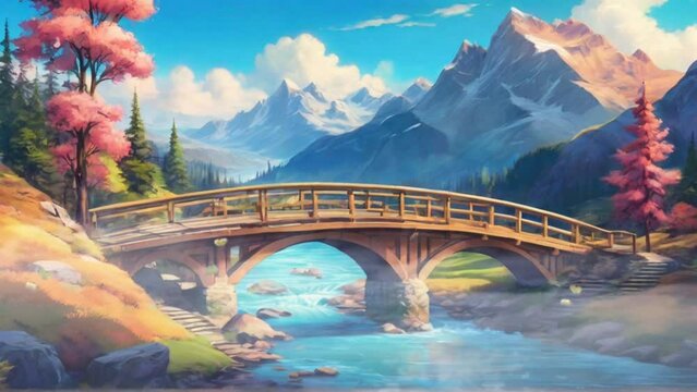 the beauty of the bridge under the mountain valley.anime or cartoon watercolor painting style. seamless and looping animation