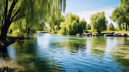 A tranquil pond surrounded by willow trees.