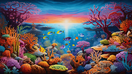 Fototapeta na wymiar A vibrant coral reef teeming with marine life.