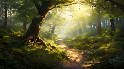 A winding trail through a sunlit forest.
