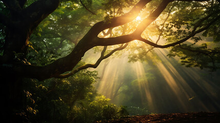 Sunlight streaming through dense tree branches.