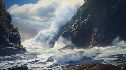 Zelfklevend Fotobehang Waves crashing against rocky cliffs. © Muhammad