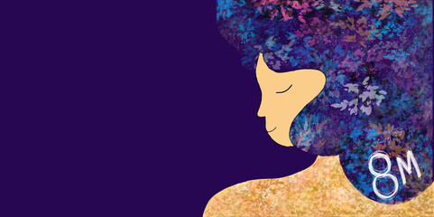 8 de marzo, violeta oscuro, lila, ilustración,  con  cabello floral brillante, texturas de acuarela, manchas, 8M, escrito, en blanco, vacío, con espacio, creativo, web banner, redes