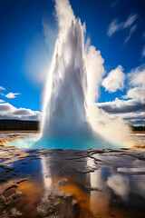 Epic display of geo-thermal power: A fierce Geyser eruption against the impartial blue sky