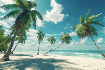 Fototapeta na wymiar Beach with tropical palm trees sea and sky