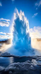 Epic display of geo-thermal power: A fierce Geyser eruption against the impartial blue sky - obrazy, fototapety, plakaty