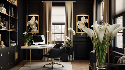 An Art Deco-inspired office with gold and black accents, showcasing framed vintage ads, and a bouquet of white calla lilies.