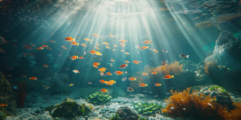 Underwater scene with sun rays and sun	coral reef and fishes