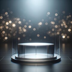  3D Empty podium, crystal-clear aesthetic with bokeh backdrop. 3d stage for product display. an abstract platform for product presentation. 3d round shape for advertisement. tech products mockup.