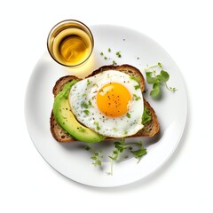 a Toast with egg and avocado on plate, studio light , isolated on white background