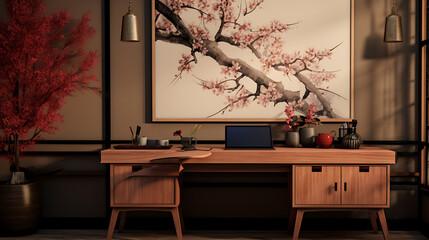 An Asian-inspired office with bamboo art on the bamboo-colored wall and a bouquet of cherry blossoms on the desk.