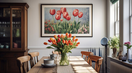 An eclectic dining room with a mix of vintage and modern artwork on the gallery wall and a bouquet of tulips on the table. - obrazy, fototapety, plakaty