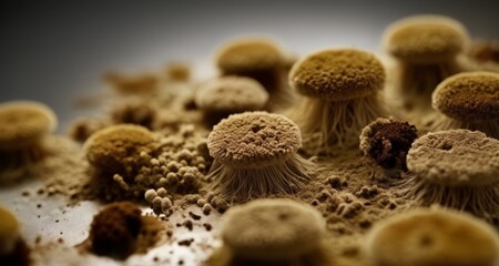  Mushroom Forest - A close-up view of a diverse fungal community - obrazy, fototapety, plakaty