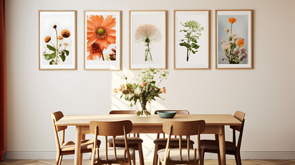 An eclectic dining room with mismatched frames showcasing family photos on the gallery wall and a bouquet of wildflowers on the table.