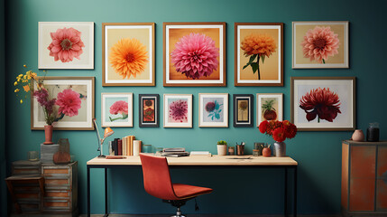An eclectic office space with a gallery wall of mismatched frames and a vibrant bouquet of dahlias.