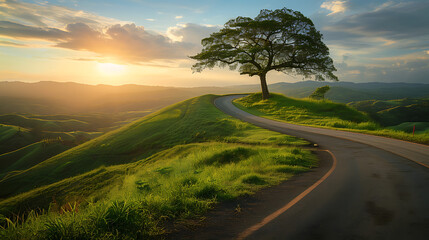 Entre a curva da estrada o pôr do sol dourado colinas verdejantes e uma árvore alta acolhendo a mudança no ar - obrazy, fototapety, plakaty