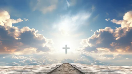 Foto op Plexiglas Christian cross appears in the sky background. Generative Ai illustration. © Jenthakarn