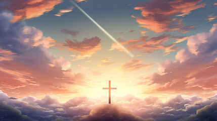 Christian cross appears in the sky background. Generative Ai illustration.