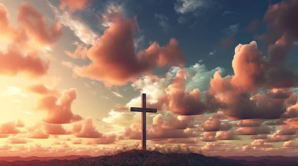 Foto op Canvas Christian cross appears in the sky background. Generative Ai illustration. © Jenthakarn