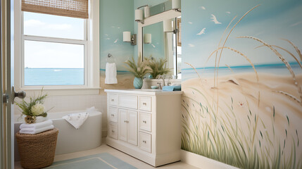 A beach-themed bathroom with a seascape mural on the sandy beige wall and a bouquet of beach grass on the vanity. - obrazy, fototapety, plakaty