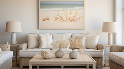 A beach-themed living room with seashell art on the sandy beige wall and a bouquet of beach grass on the coffee table. - obrazy, fototapety, plakaty