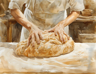 Baker chef is making with flour loaf of dough. Kneading dough.
