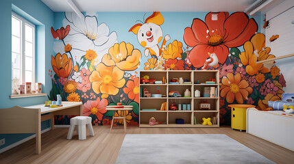 A child's room with a colorful cartoon mural on one wall and a playful flower bouquet on the desk.