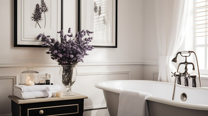 A classic black and white bathroom with framed vintage photographs on the walls and a bouquet of lavender.